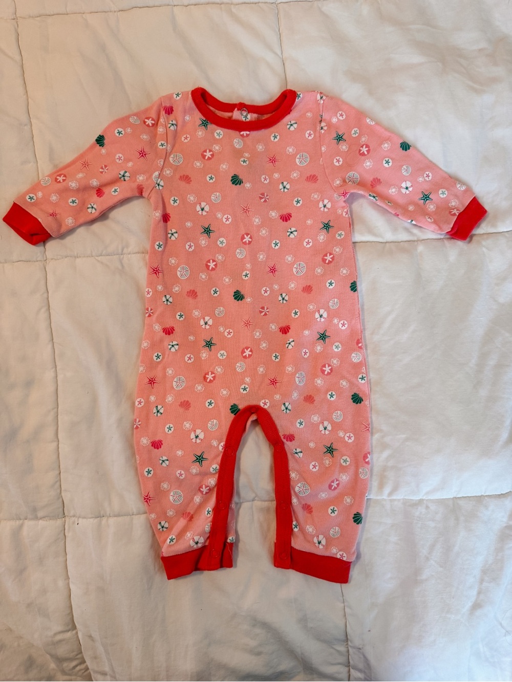 Pink Sea Print Baby Onesie with Red Trim